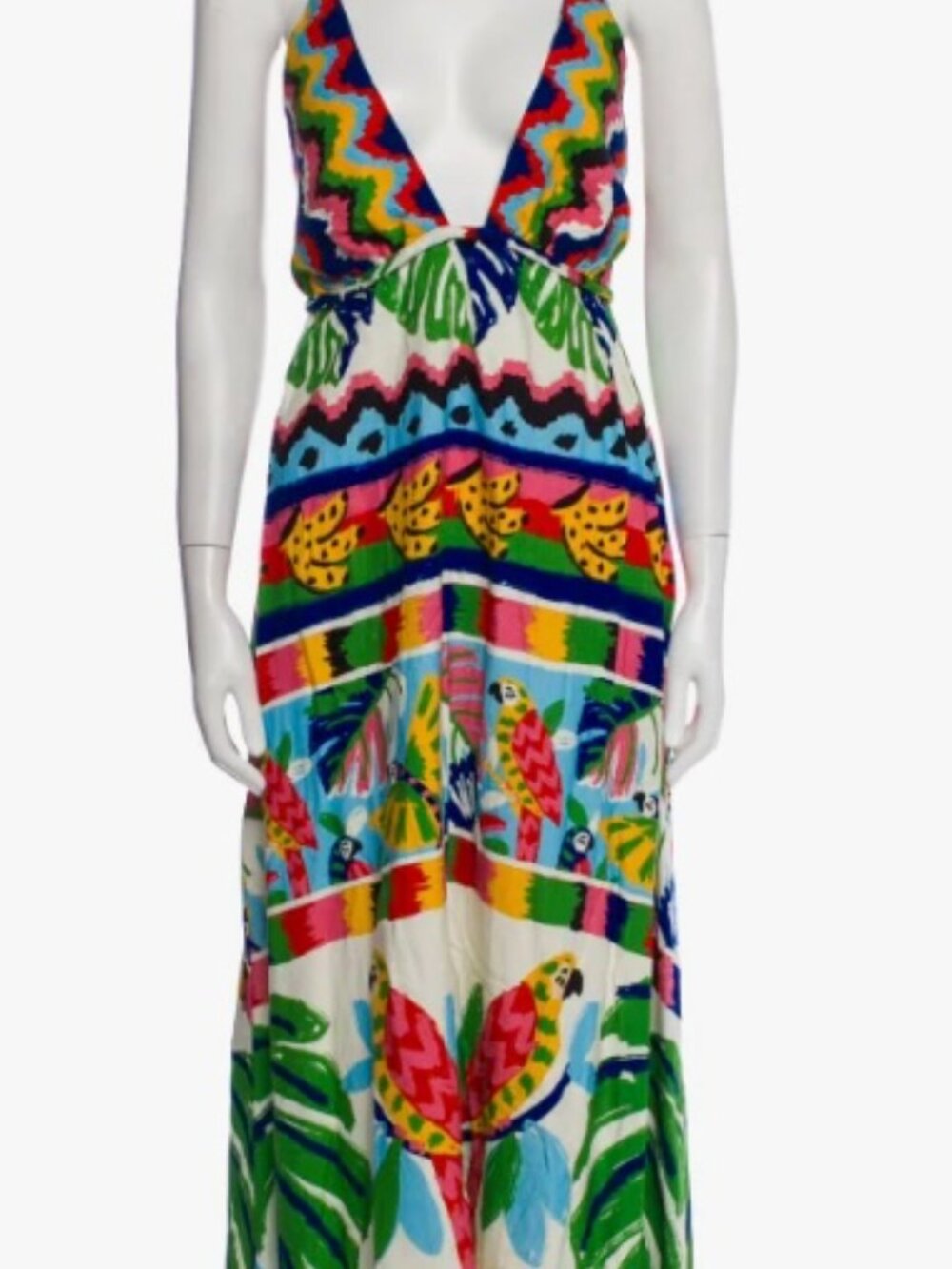 Farm Rio Brazil Tropical Print Maxi Dress Plunge Spaghetti Strap Multicolor